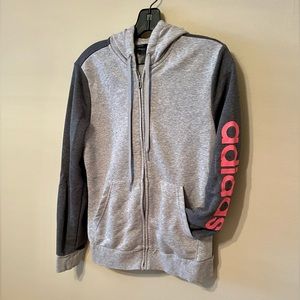 Adidas two tone gray zip up hoodie sweatshirt with coral sleeve logo size medium